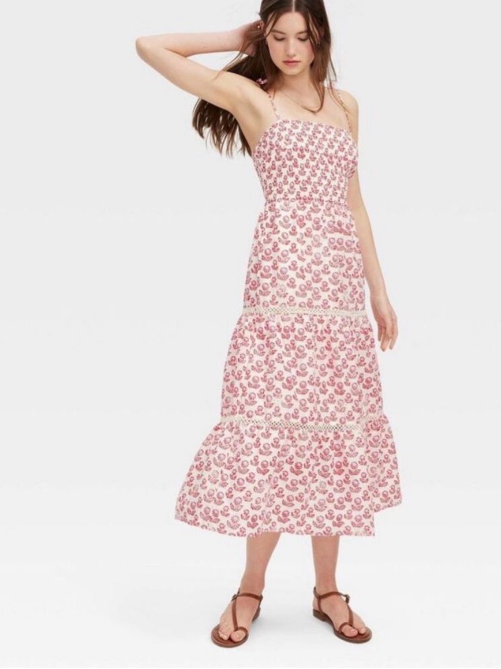 Roller Rabbit light red and white Floral block-print Tiered Midi Dress